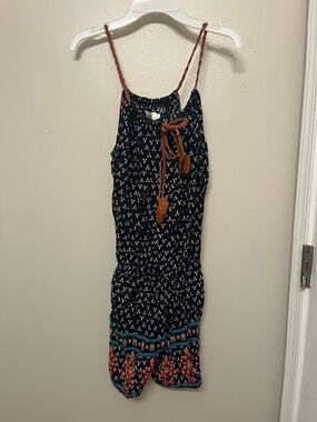 Navy Printed Spaghetti-Strap Romper with Tassel Tie